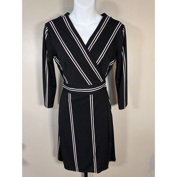 ANN TAYLOR Petite $129 Stretch Black Striped True Wrap Dress Size 4P - Picture 1 of 5